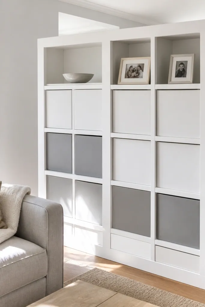 White bookcase divider with uniform hidden storage bins