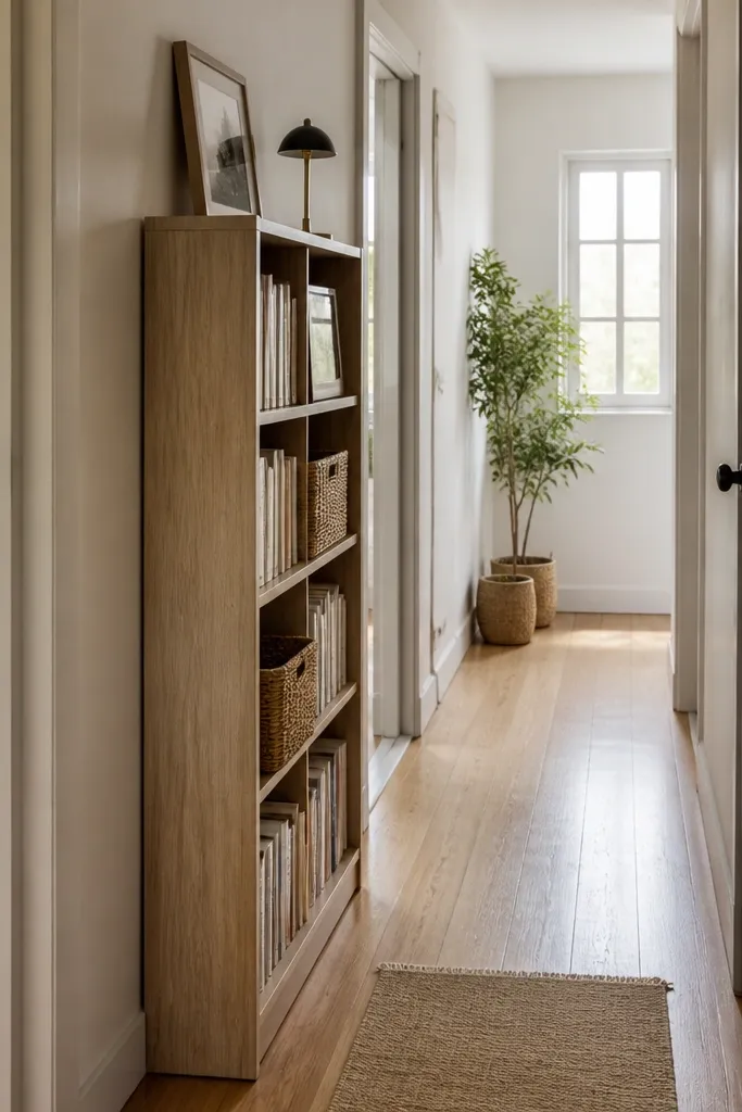Tall narrow bookcase divider placed along a hallway with decor on upper shelves