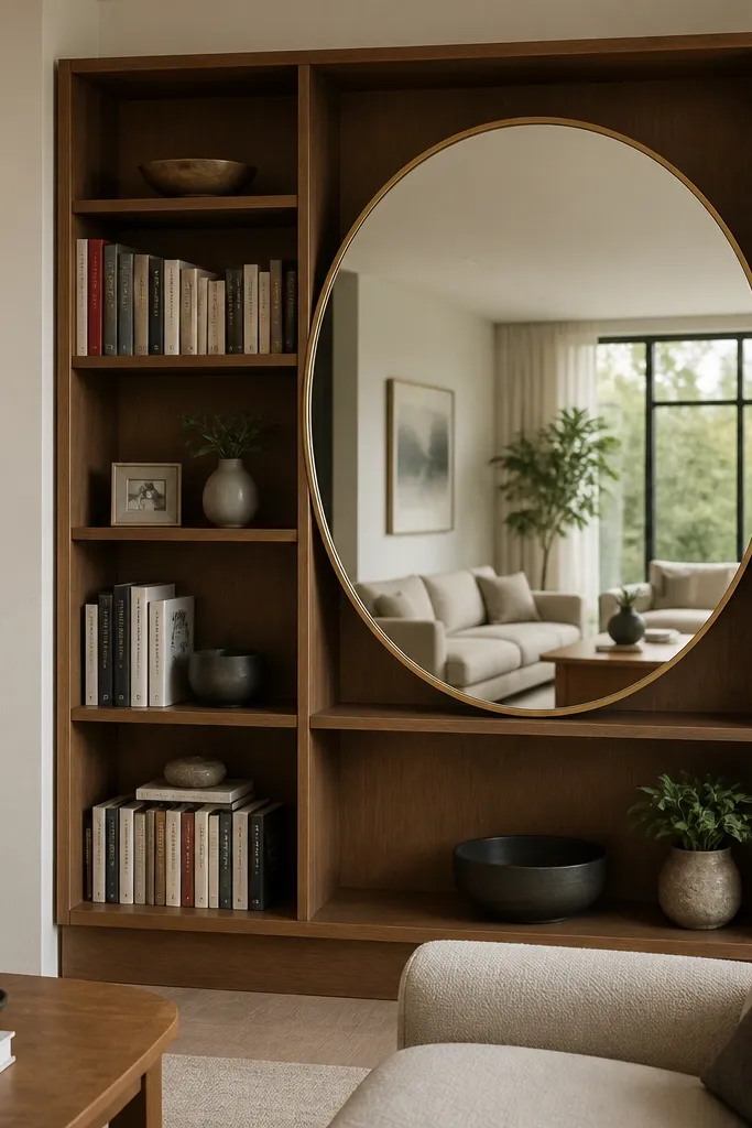 Bookcase divider where one side has books and the other has framed mirrors