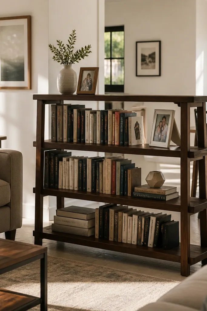White ladder shelf divider with books facing outward, separating a living area