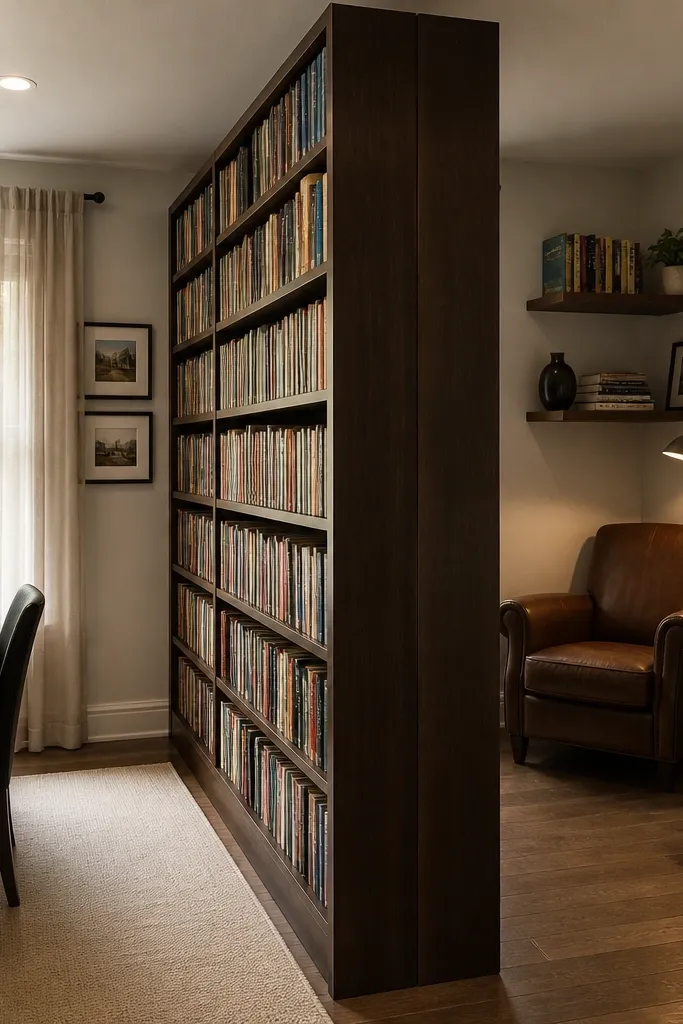 Two tall narrow bookshelves placed back-to-back, forming a divider in a studio