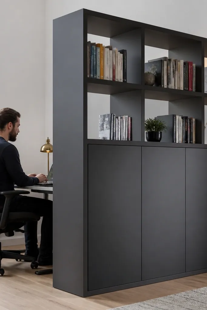 Book storage divider with open cubes on top and closed cabinet doors on bottom