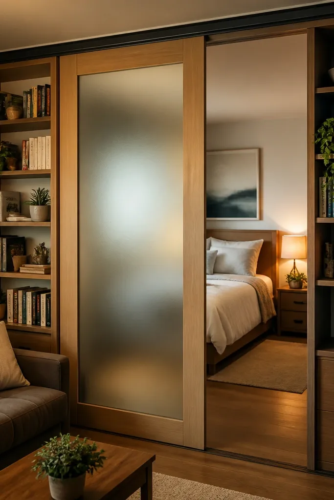 Bookshelves on both sides with a sliding center panel dividing a small space
