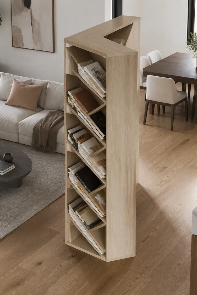 Single bookcase placed diagonally in a corner, creating a divider effect
