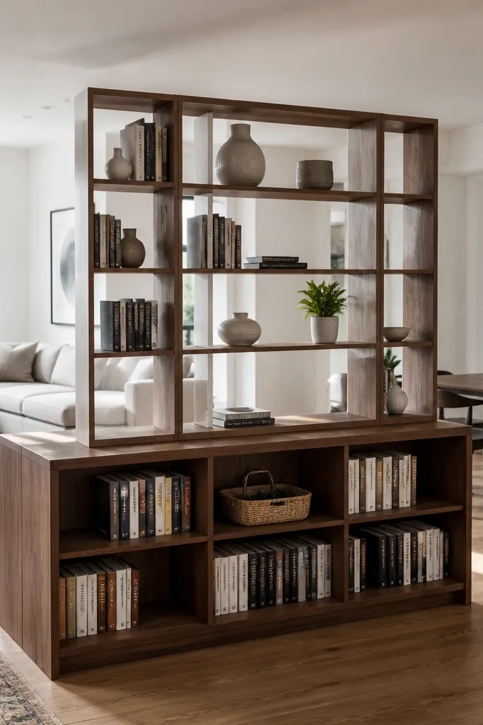 Low bookshelf base with taller shelving above, creating a stacked divider