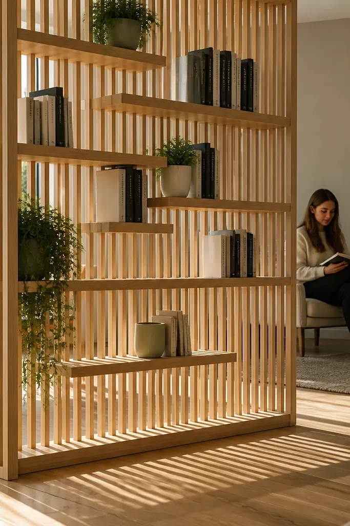Light wood slatted shelf divider with books spaced evenly