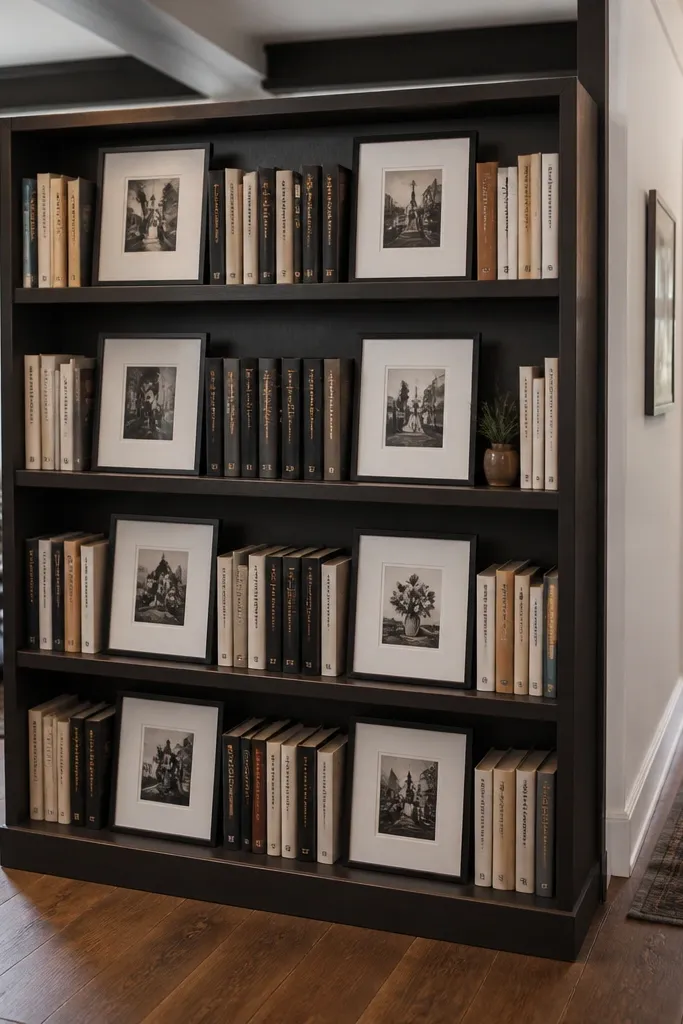 Tall bookshelf divider with a rail line and framed prints on shelves