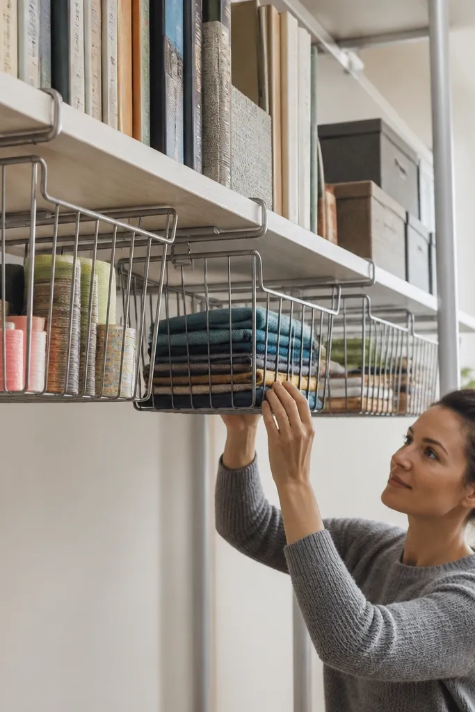 Bookshelf divider with hanging baskets or organizers on the lower area