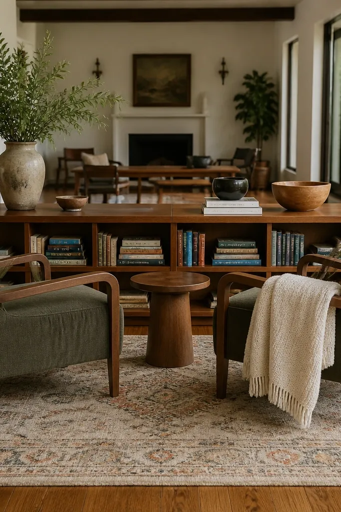 Wide low bookcase divider in front of two armchairs