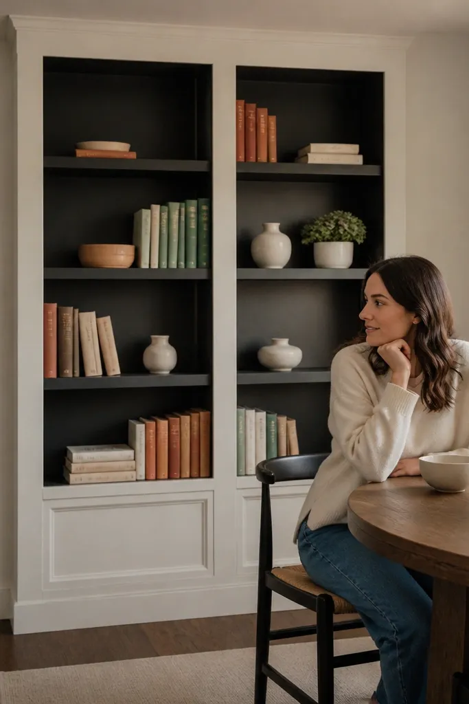 Two-tone painted bookshelf divider with color-blocked book spines