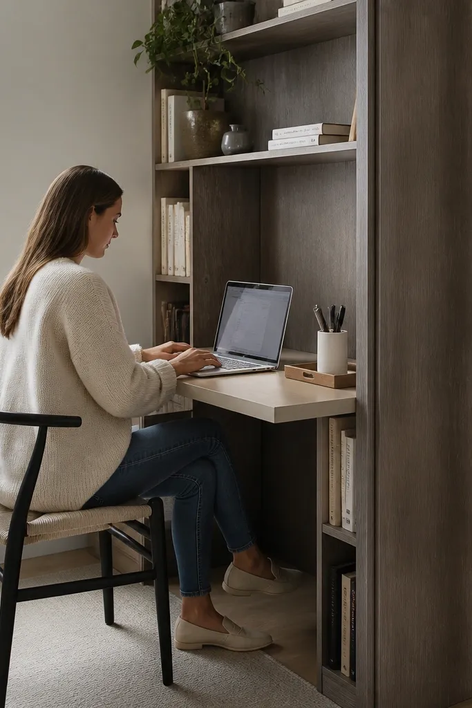 Bookshelf divider with a small desk shelf surface for a micro-office