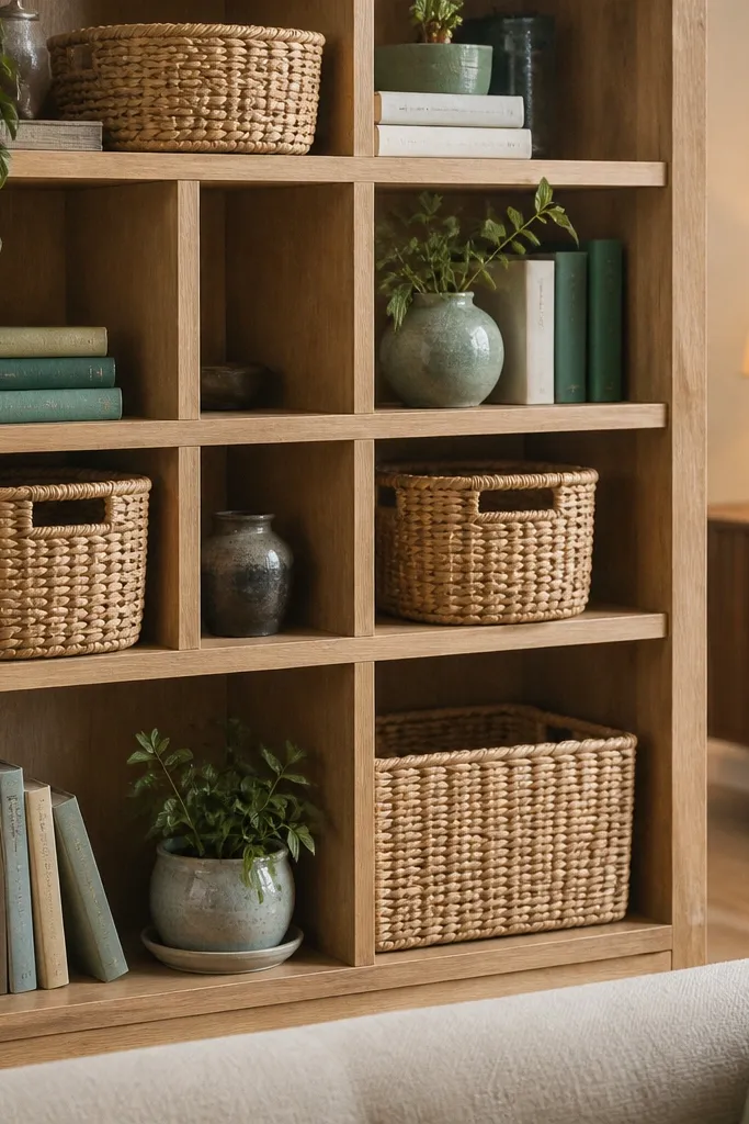 Bookshelf divider with woven baskets on open shelves and neat book stacks