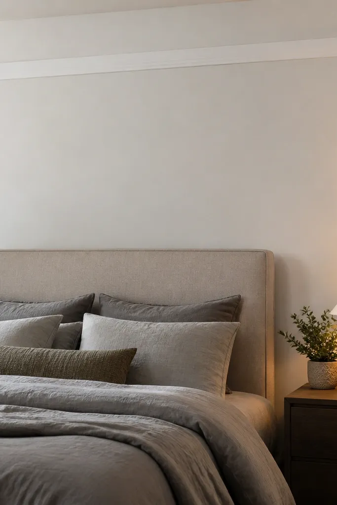 Warm white wall with a 4-inch trim rectangle behind a bed headboard