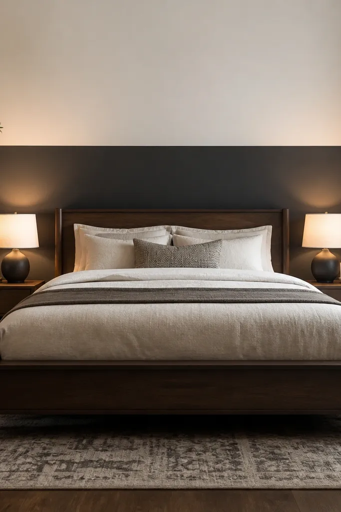 Charcoal paint half wall with a crisp horizontal line behind a bed