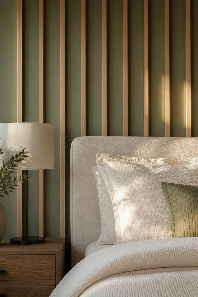 Sage green wall with vertical 1x2 wood slats behind a bed