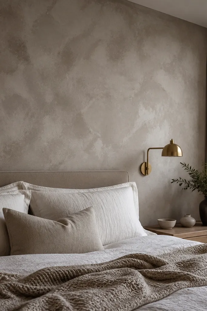 Warm greige wall with soft plaster texture and irregular sponge marks