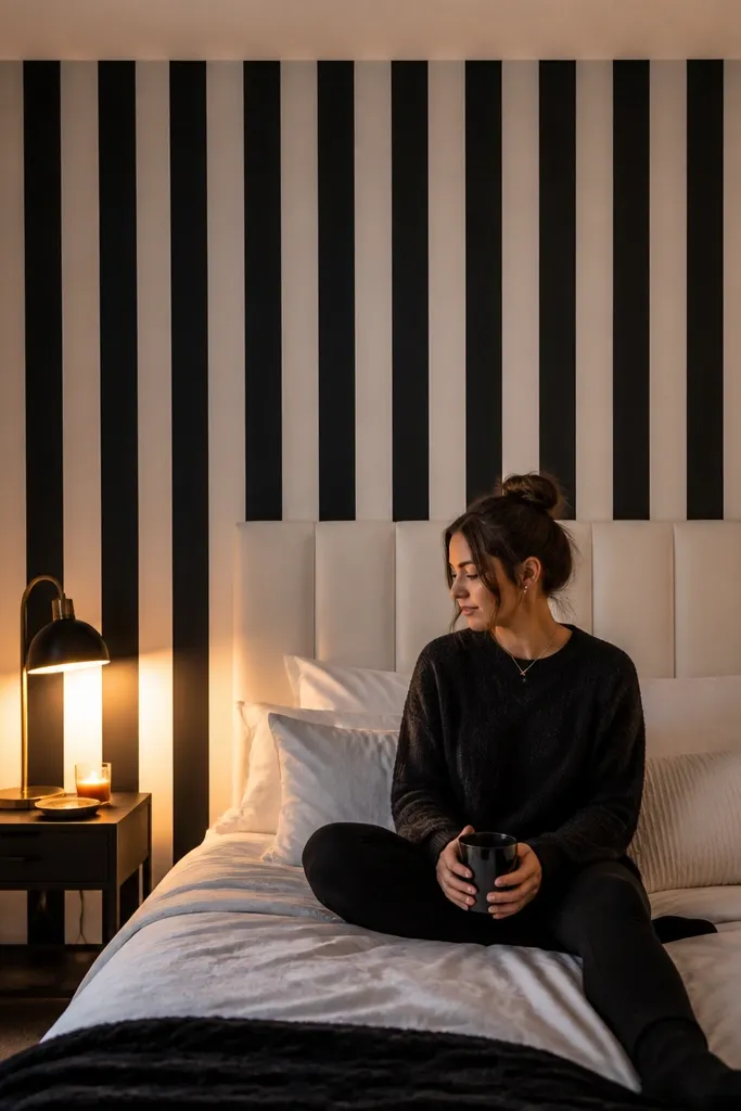 Black and white vertical stripe accent wall behind a bed