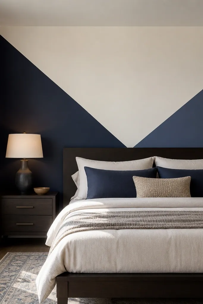 Navy geometric triangles on a light wall behind a bed
