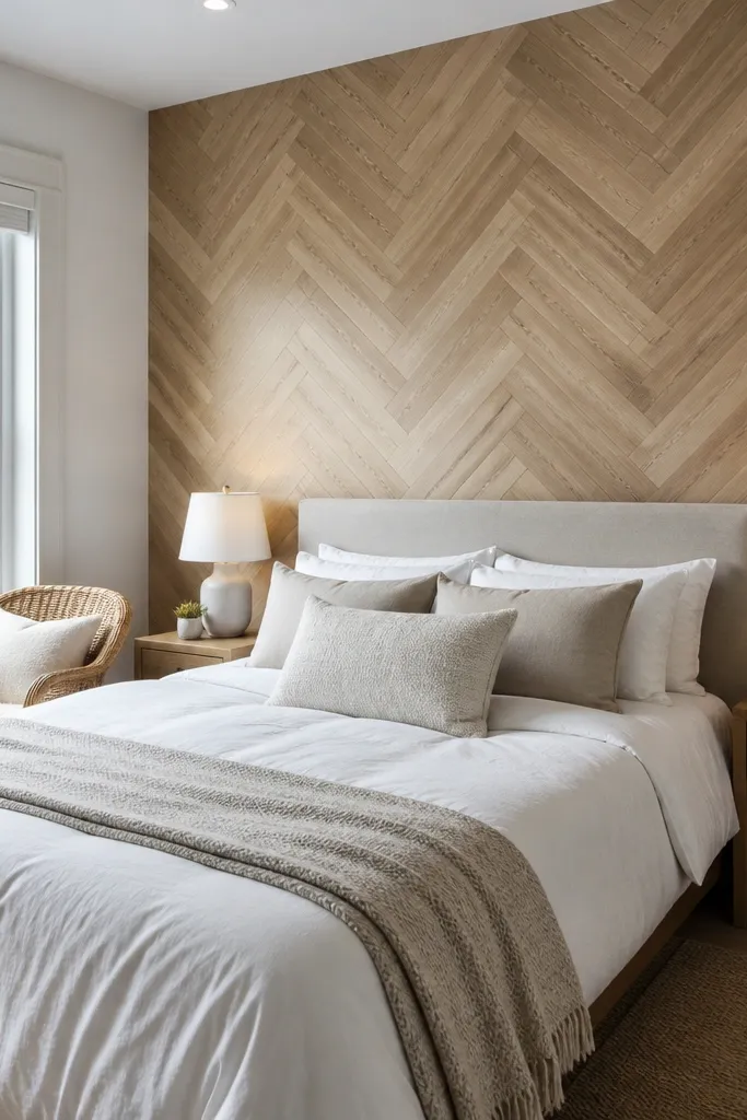 Wood-look herringbone accent wall behind a bed