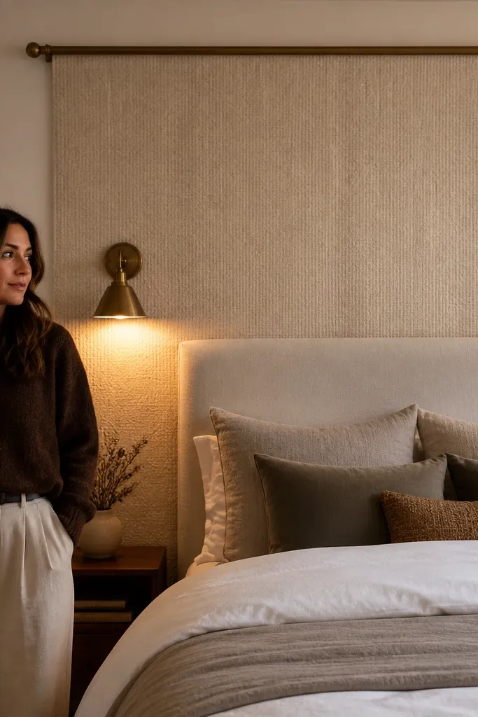 Textured linen fabric stretched on a frame behind a bed