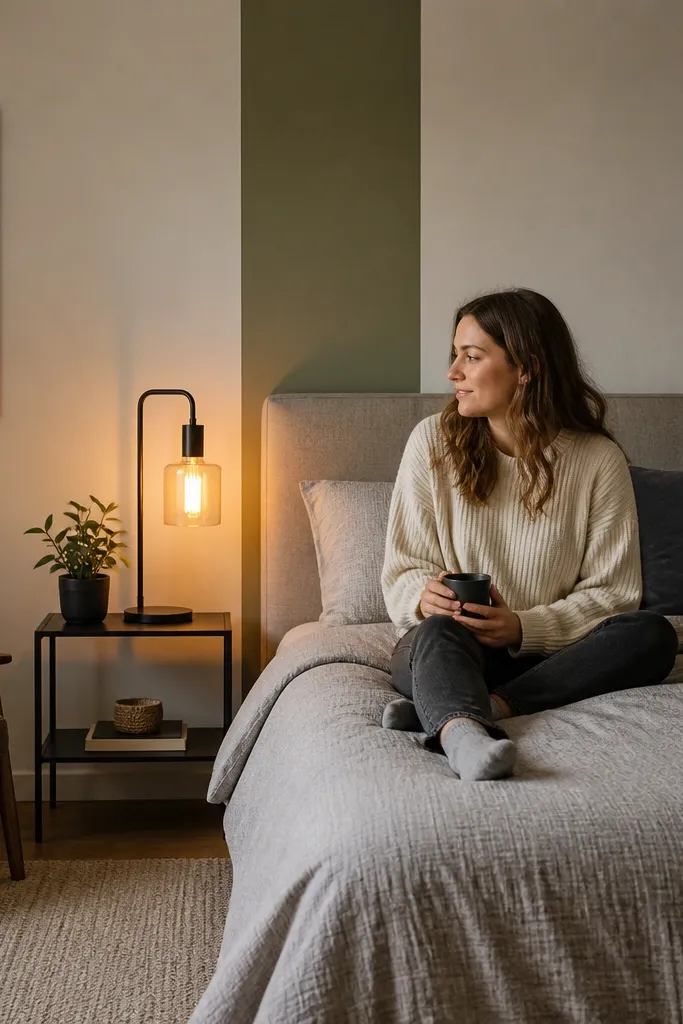 Soft white wall with a wide vertical color band behind a bed