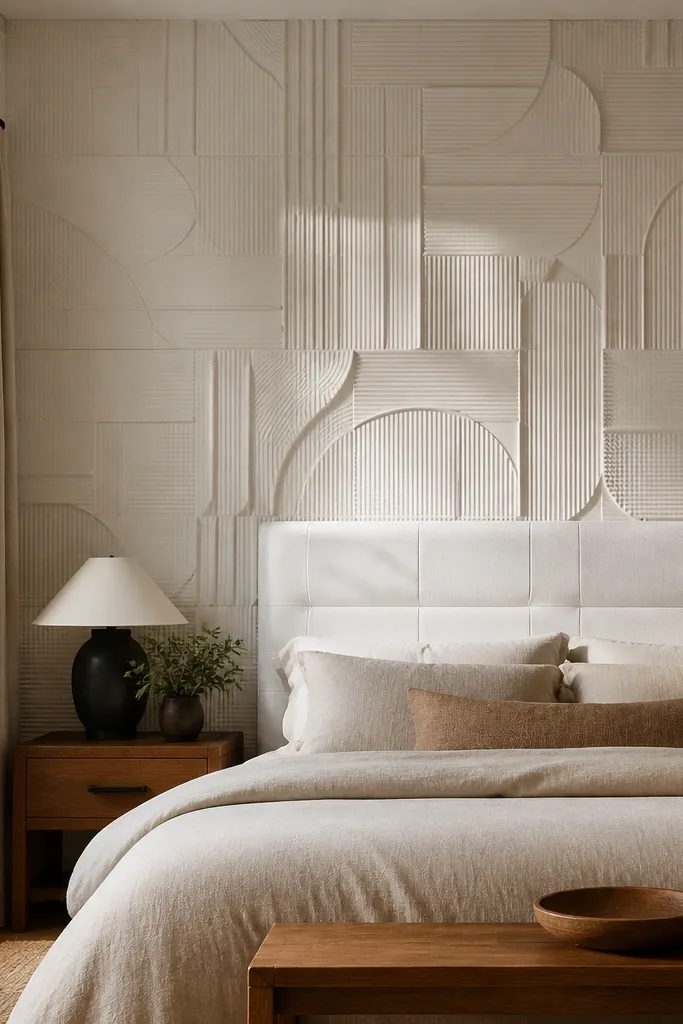 Matte off-white 3D wall panels behind a bed in a grid pattern