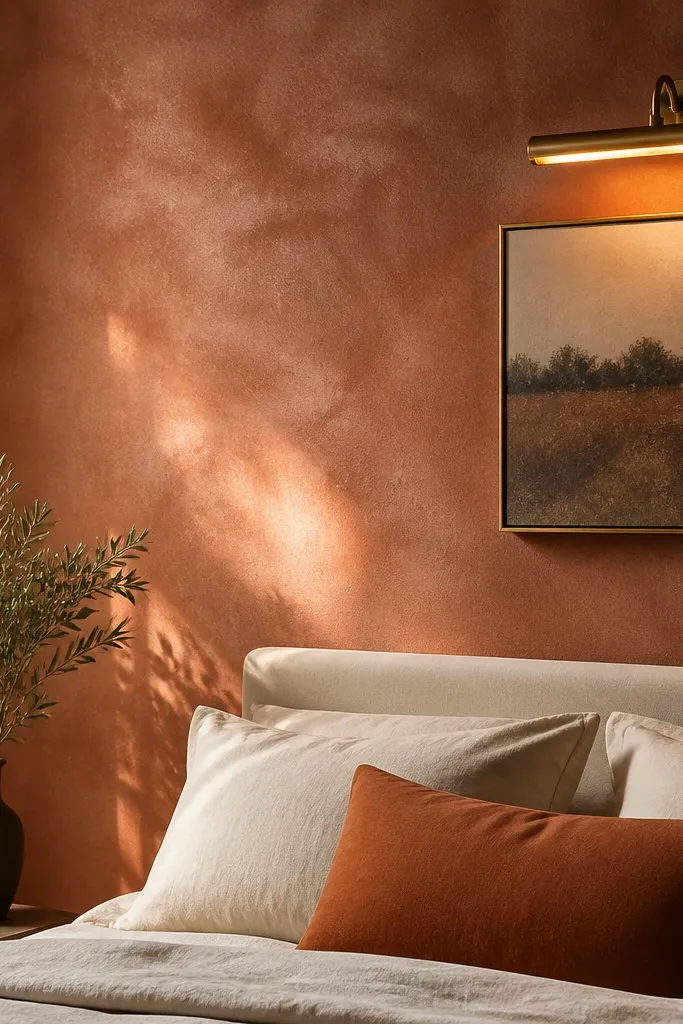 Rust terracotta wall with soft rag-rolled texture behind a bed