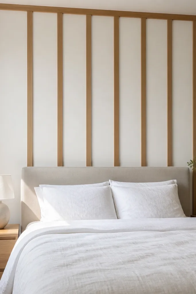 White board-and-batten wall with light oak vertical accents behind a bed