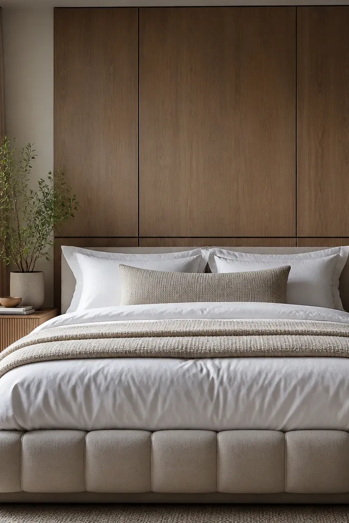 Cream bed with a mocha headboard against a warm brown wall panel