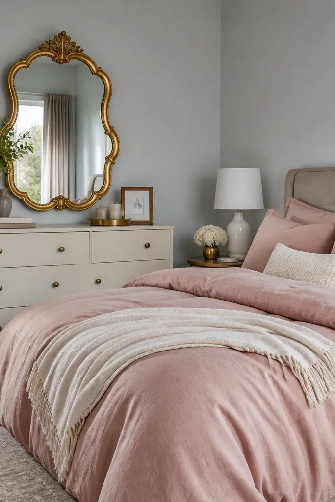 Sky-gray bedroom wall with blush bedding and a gold mirror above a dresser