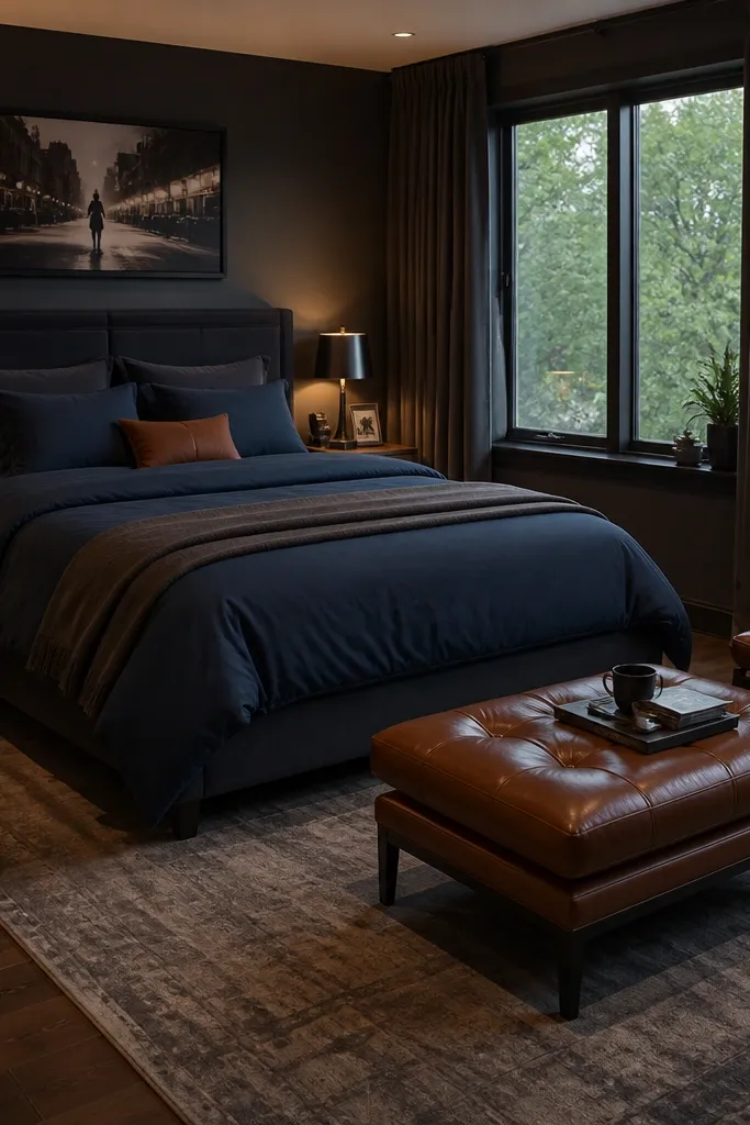 Dark denim bed with cognac leather style chair and warm lamp light