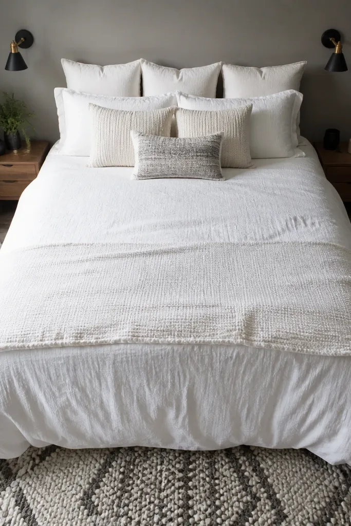 Monochrome gray bedroom with layered white bedding and a thick patterned rug