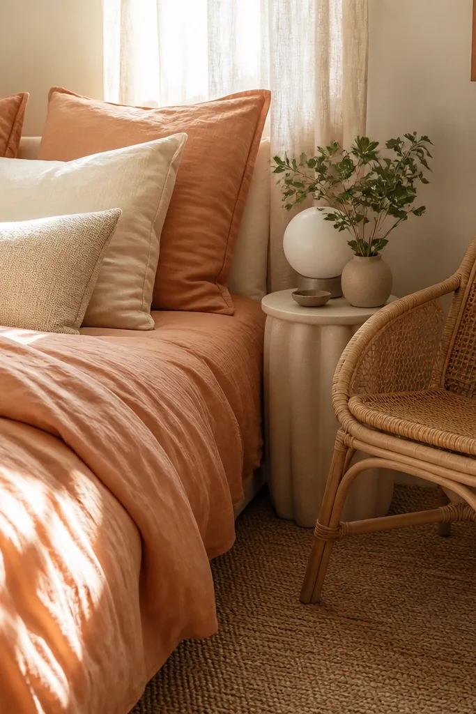 Peach and cream bedding with a rattan-style chair beside a small lamp