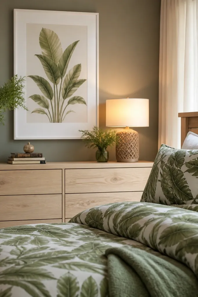 Green botanical bedding with white framed wall art above a white dresser