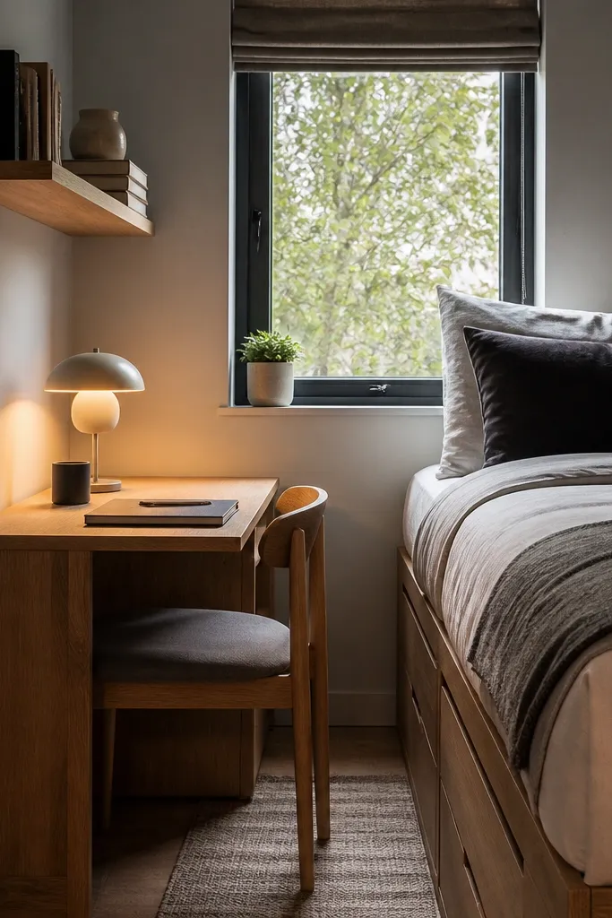 Bed with a small desk beside it, matching lamp, and a floating shelf