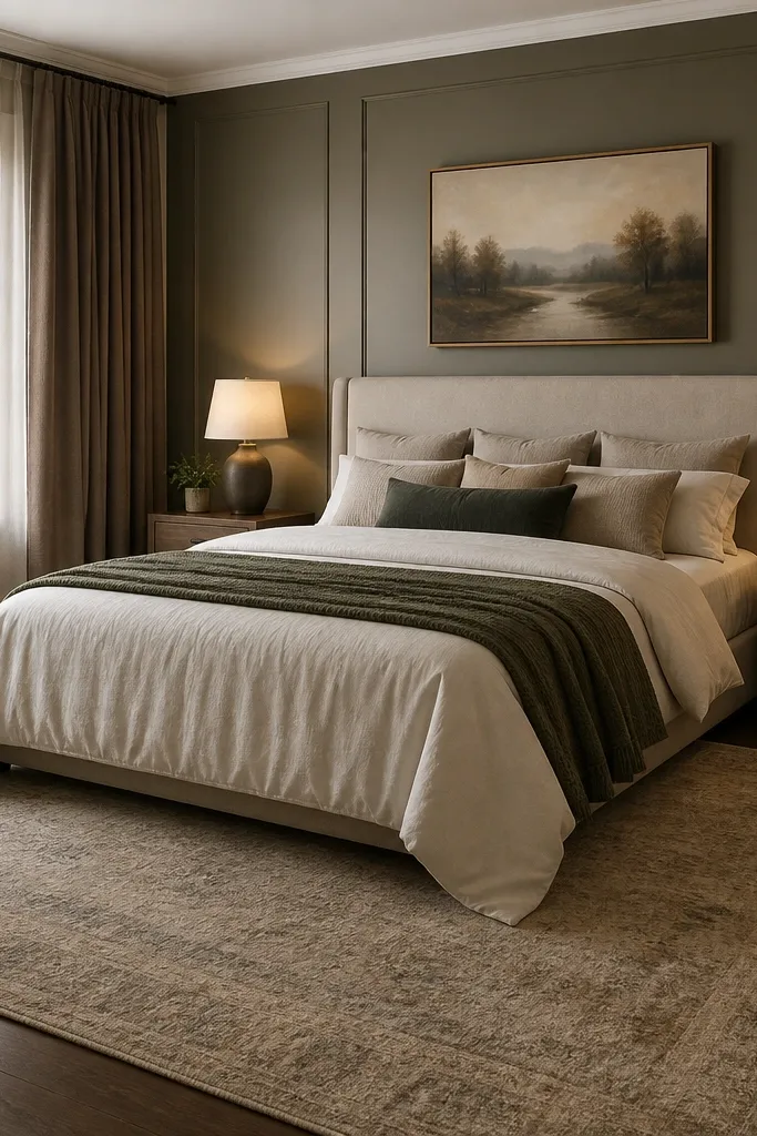 Bed centered on a large rug with layered curtains and two matching nightstands
