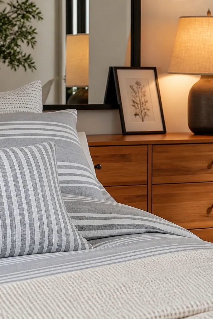 Gray and white striped bedding with a honey wood dresser and warm lamp
