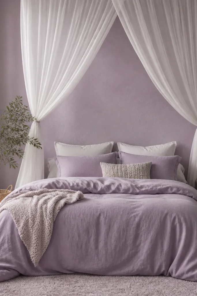Soft lavender bedding with a white canopy-style curtain above the bed