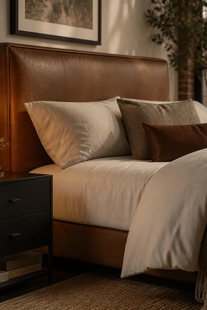 Brown headboard with black metal bedside stands and a warm-toned rug