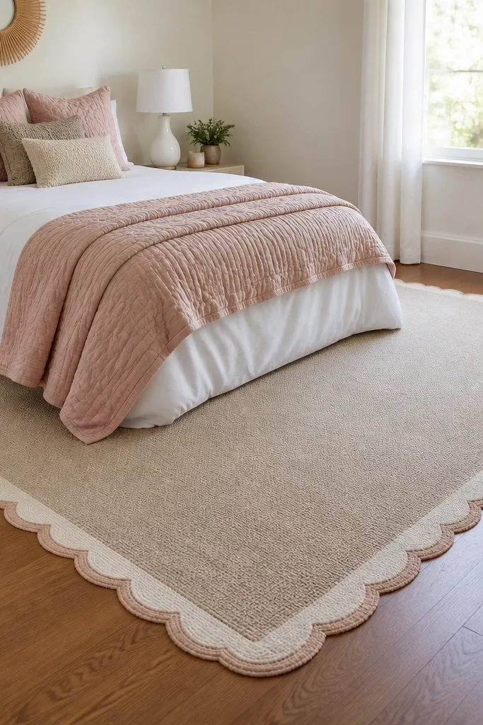 White bedding with a blush quilt and a pale rug with a scalloped edge look