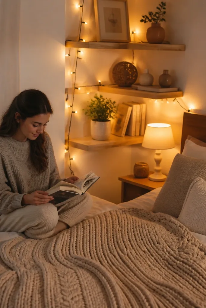 Neutral bed with a corner shelf and warm string lights around the wall
