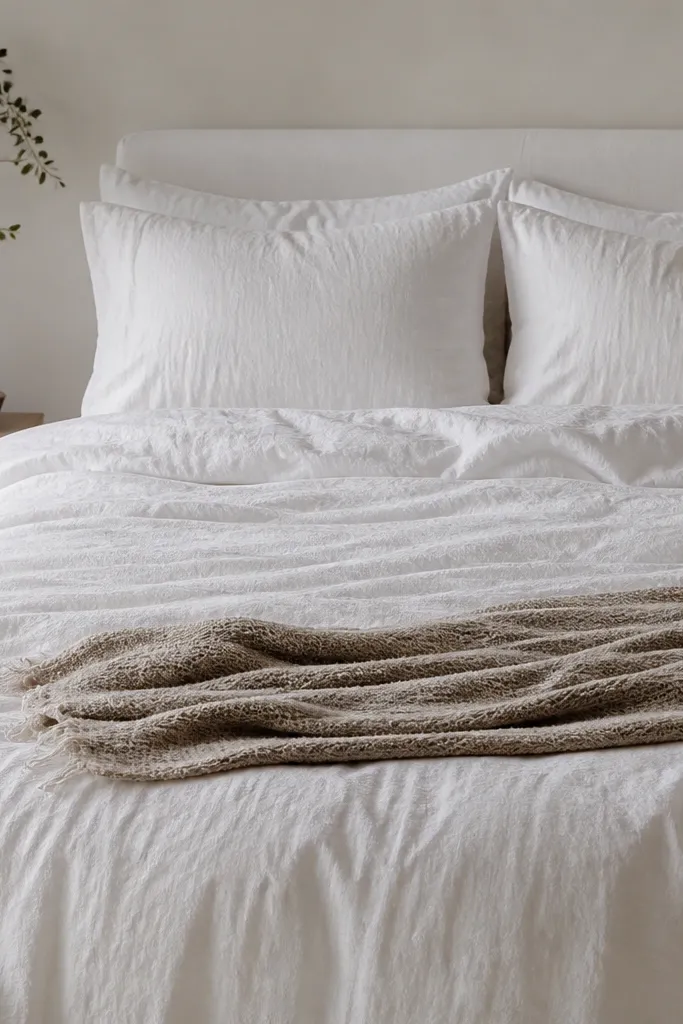 A bed dressed in solid white bedding with a slightly wrinkled, lived-in look. The pillowcases are white with subtle texture, and a single thin throw blanket in oatmeal sits at the foot.