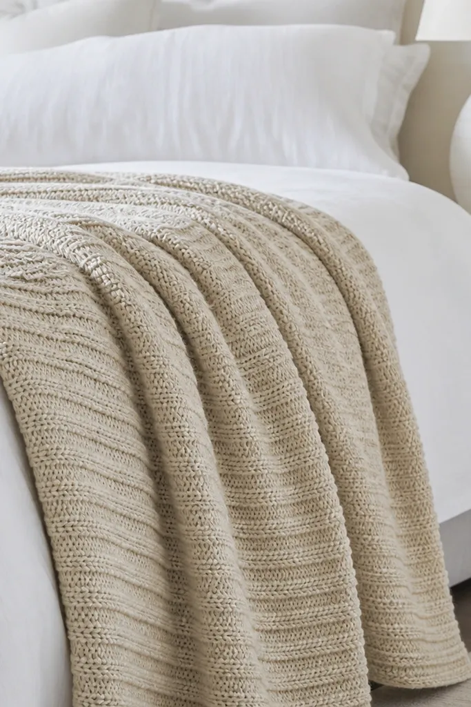 A ribbed oatmeal knit throw folded over the side of a bed, with horizontal ribbing catching soft light. The background is white bedding, and a white lamp base is visible.