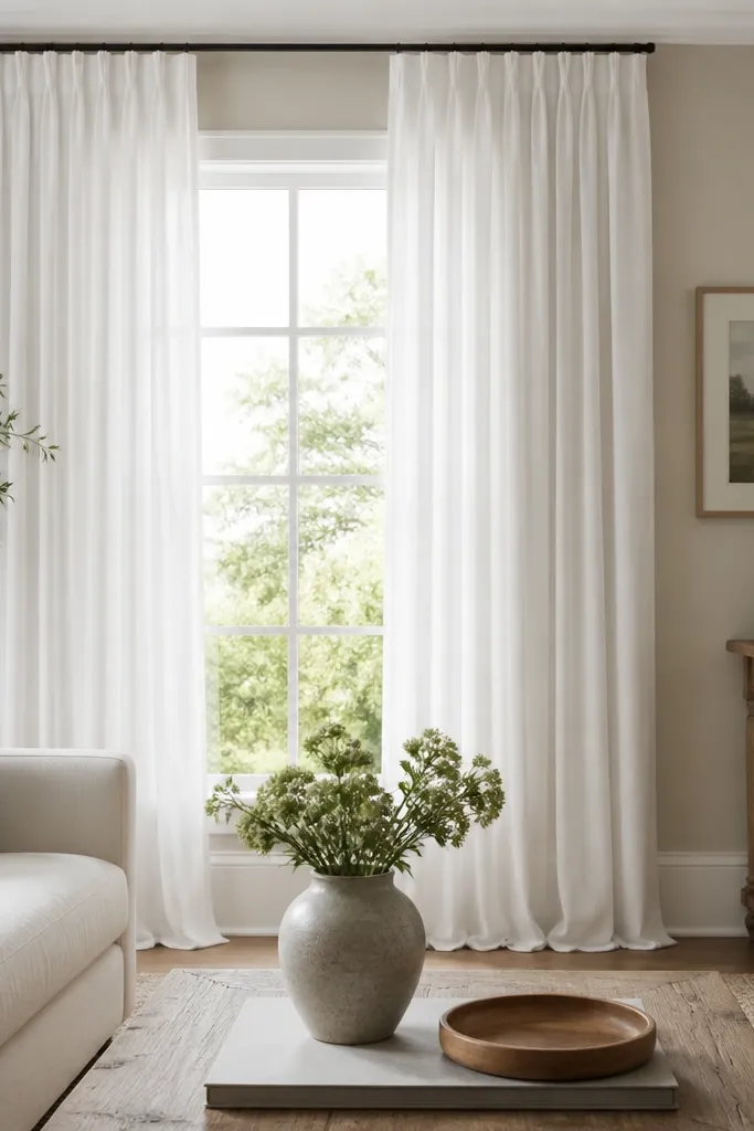 White curtains hung near the ceiling with long vertical folds. The rod sits close to the top trim, and the curtains nearly touch the floor.