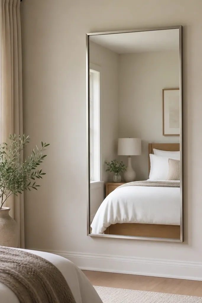 A tall mirror with a simple brushed nickel frame on the wall opposite a window. The reflection shows part of the bed and a clean, light corner.