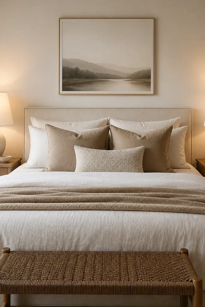 Two matching bedside lamps with white shades on either side of the bed. The light is warm and soft, and cords are not visible.
