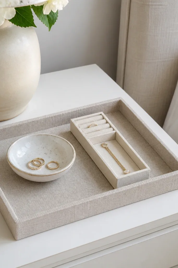 A rectangular linen-look tray on a white nightstand. A small dish and a slim jewelry organizer sit neatly inside the tray boundary.