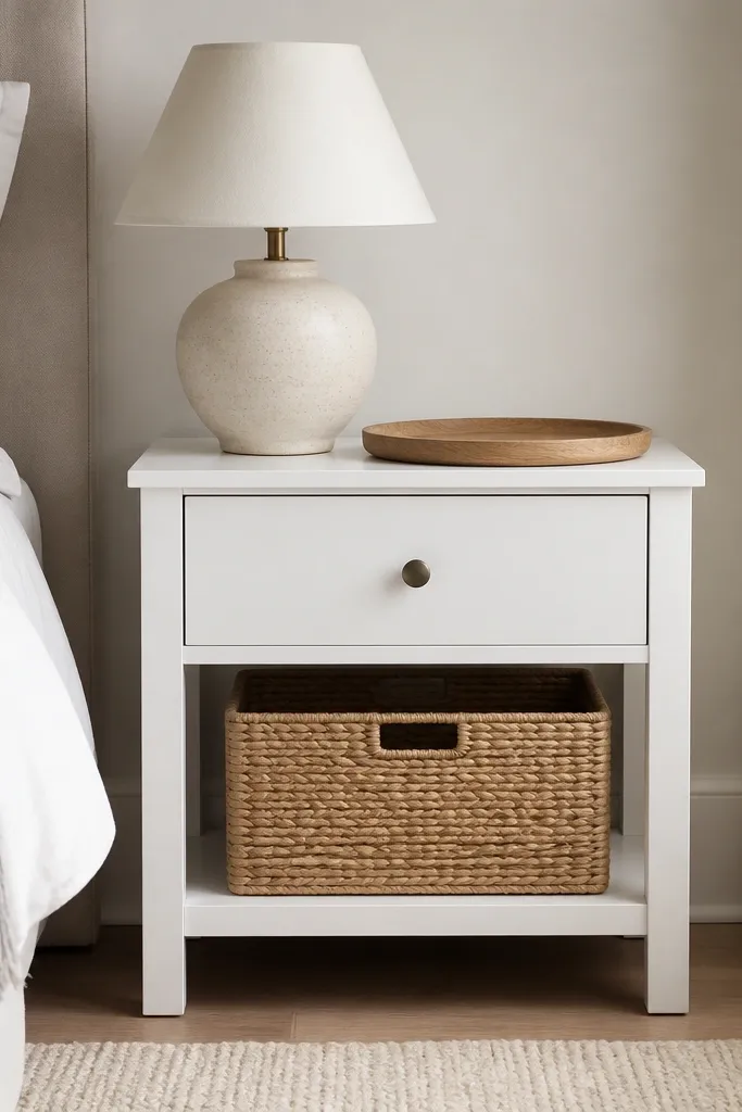 A simple white nightstand with a single drawer, plus a matching woven basket underneath. The top surface is clear except for a lamp and tray.