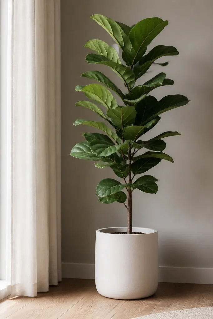 A single tall plant in a matte white pot on the floor near a window. The leaves are clean and the pot has no glossy sheen.