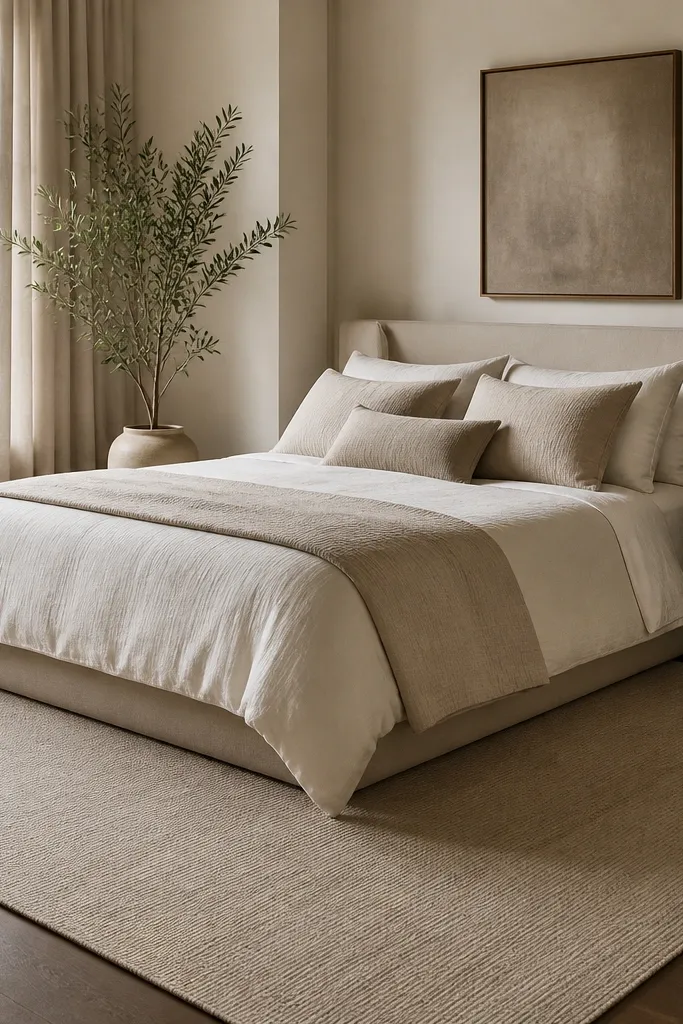 A low-pile beige rug under the bed. The texture is subtle, with a flat woven look, and the edges look clean and straight.